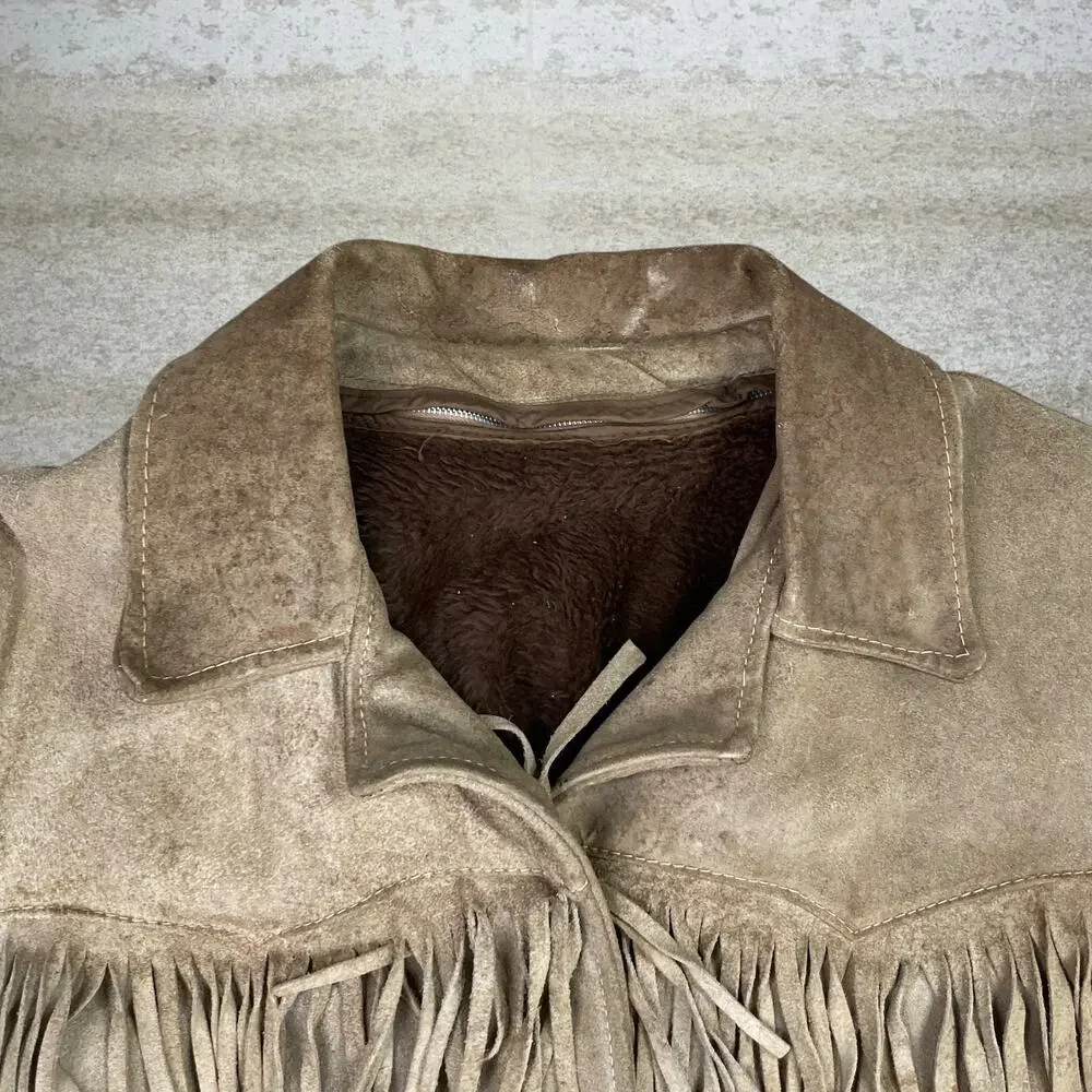 True Vintage 90s Western Suede Leather Jacket Mens M Tan Faux Fur Line Button Up - Picture 4 of 6